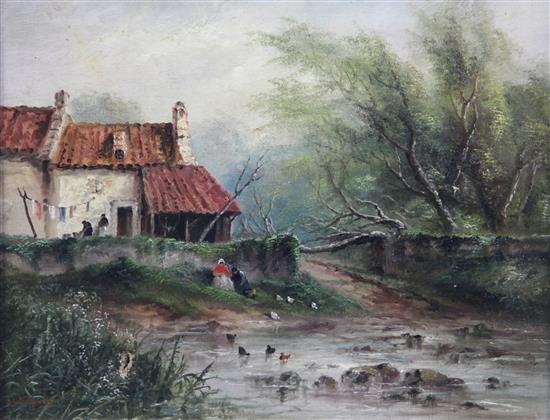 Sarah Louise Kilpack (fl.1880-1909) Figures beside a duck pond, 14 x 18in.